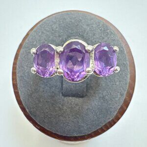 VTG Sterling Silver 925 Amethyst Three-Stone Prong Set Ring Size 8.5 Fit